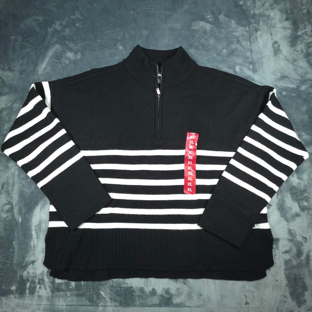 DKNY Womens XL Black White Striped Quarter Zip Mock Neck Sweater Rayon Blend